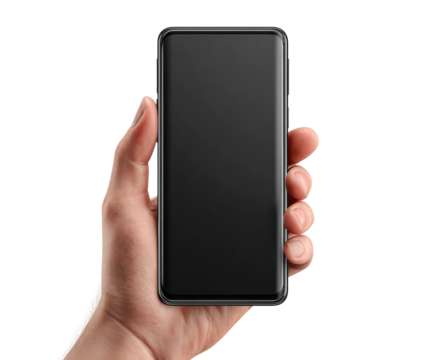 Hand holding modern smartphone technology focus isolated on transparent background - Powered by Adobe