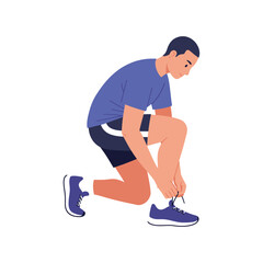 Vector art of man in blue tshirt and shorts tying shoelaces on his sneaker while kneeling