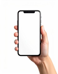 A hand holds a modern smartphone with a blank, white screen against a plain white background, close-up view