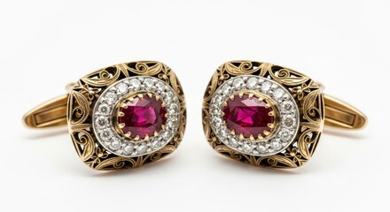 Naklejka premium Exquisite ruby diamond gold cufflinks elevate formal wear