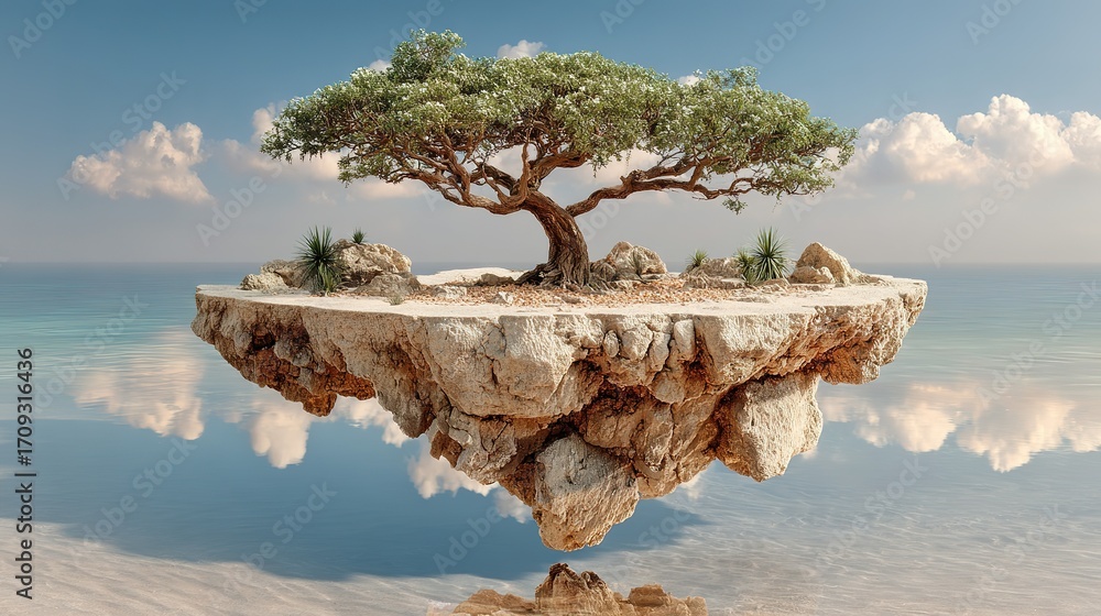 Poster tree on floating island above water with sky and clouds background.