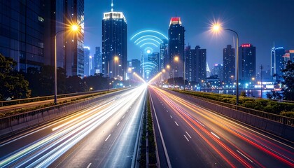 City highway at night with light trails and wireless network symbol