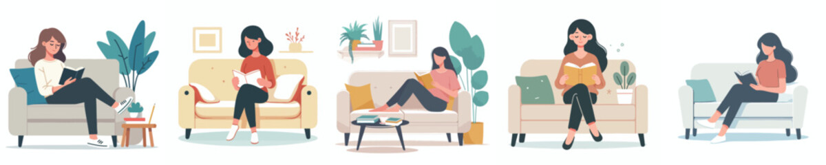 vector woman relaxing on sofa reading book