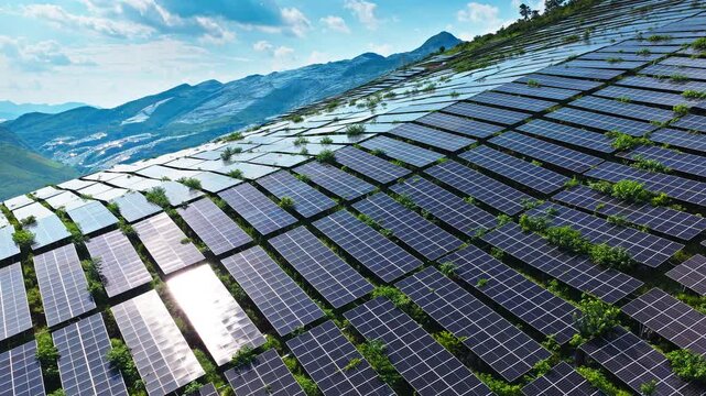 Aerial shot of a large solar farm with photovoltaic panels covering the green mountain slopes, generating clean and renewable electricity.