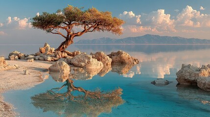 Fototapeta premium Tree and rocks reflecting in calm water with mountains and sky background.