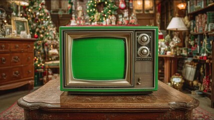 Old TV with green screen and TV simulator on a table with Christmas decorations in the background - Powered by Adobe