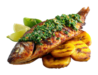 Grilled fish and herbs a beachside restaurant culinary experience isolated on transparent background