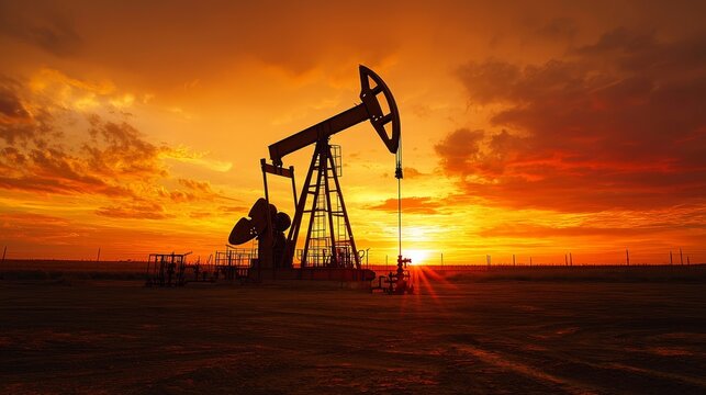 Silhouette of wellhead in oilfield - sunset