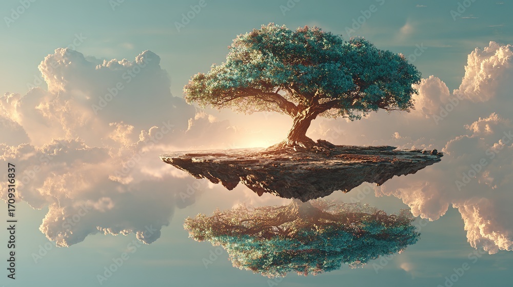 Poster tree on floating island reflected in water with clouds and sunlight background.