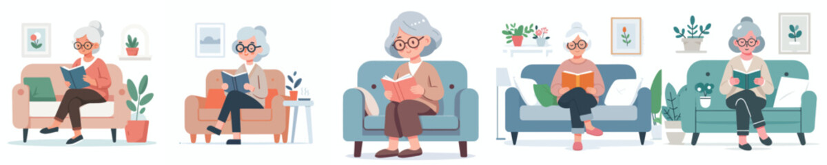 vector grandmother relaxing on sofa reading book