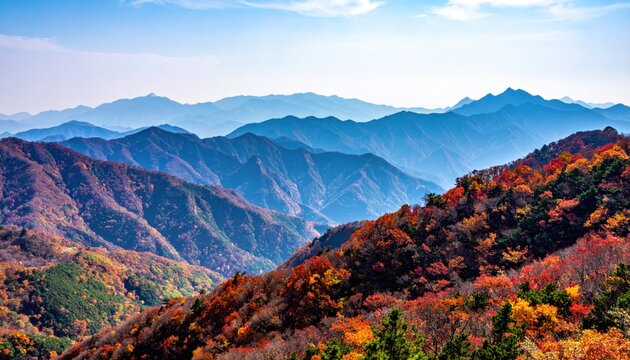 Panoramic view of hazy mountain peaks with colorful autumn foliage, a scenic landscape shot under a bright blue and white cloudy sky