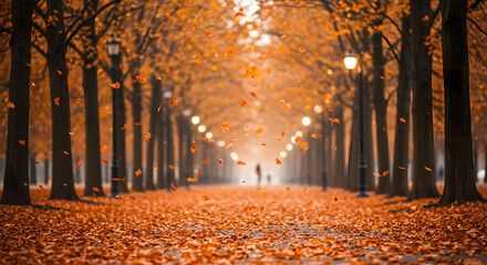 Autumn Leaves Fall on Tree Lined Path