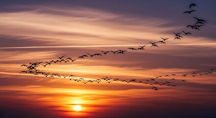 A Flock of Birds Migrating at Sunset.