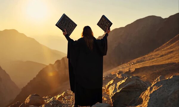The Biblical Scene of Moses Receiving the Ten Commandments on Mount Sinai. Symbolizing Faith, Covenant, and Divine Authority