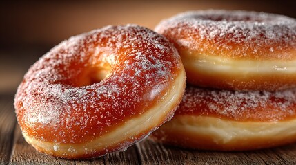 Three donuts stacked on a wooden surface covered in sugar.