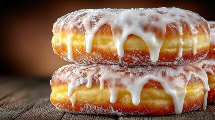 Two glazed donuts stacked on a wooden surface with a blurred background.