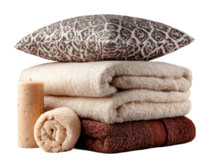 Relaxing home essentials towels pillows candle in cozy isolated on transparent background