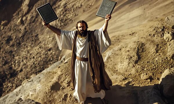 Biblical depiction of Moses on Mount Sinai Holding Two Stone Tablets Containing the Ten Commandments on Mount Sinai, Illuminated by Divine Golden Light
