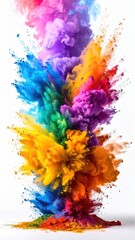A dynamic vertical burst of vibrant powdered pigments in a rainbow spectrum against a stark white backdrop, creating an energetic visual effect