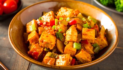 Spicy tofu cubes in a bowl, with vegetables
