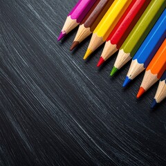 Row of vibrant, colorful pencils with sharpened tips laid out diagonally on a dark, textured surface, casting slight shadows