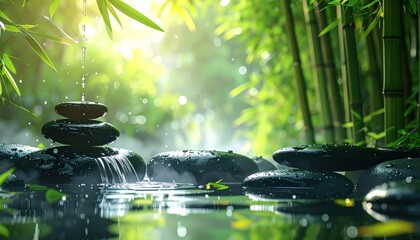 Zen garden Smooth black stones balanced in water, surrounded by lush green bamboo; water droplets fall in the foreground