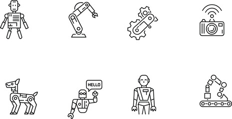 Robotics icons set, robot arm mechanical gears camera robotic dog humanoid bot assembly line automation technology vector illustration