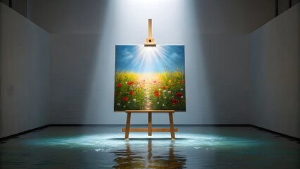 Radiant Flower Field Painting on an Easel in an Empty Gallery

