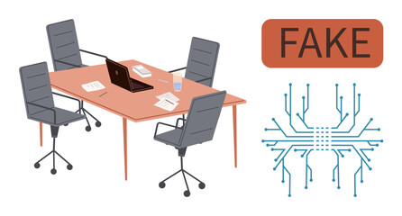 Office table with chairs, a laptop, and documents emphasizes work environment. Adjacent warning FAKE with circuit lines symbolizes cybercrime. Ideal for cybersecurity, fraud awareness, work