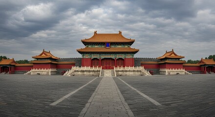 Fototapeta premium Traditional Chinese Building with Red Walls Under Cloudy Sky