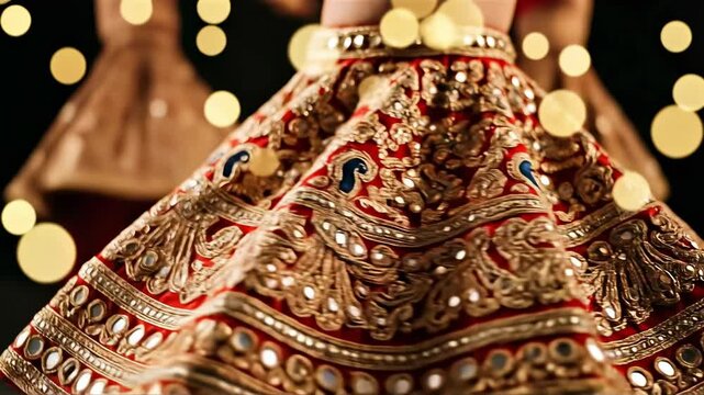 Vibrant traditional indian chaniya choli skirt with exquisite golden embroidery and mirror work for navratri celebration