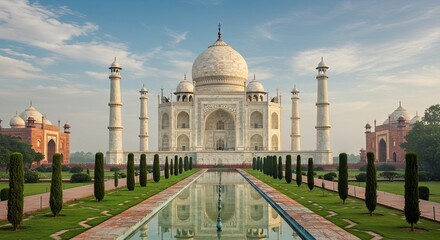 Obraz premium White Mausoleum Reflected in Pool with Green Garden Under Blue Sky