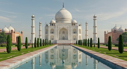 Naklejka premium White Mausoleum Reflecting in Water Garden Under Soft Blue Sky