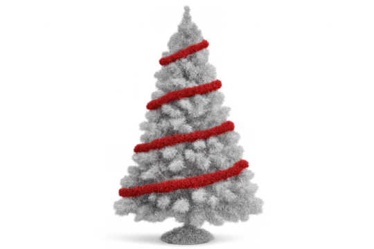 White christmas tree with red ribbon decoration on transparent background
