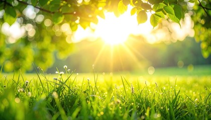 Obraz premium Sunburst through green tree leaves and grass, illuminating a peaceful scene with bokeh, representing nature's beauty and tranquility