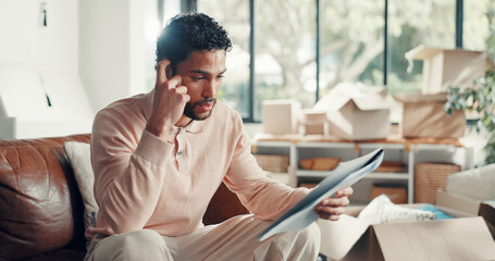 Moving, man or stress with documents in home for eviction notice, lease violation or finance...