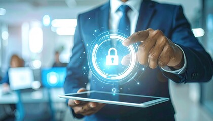 A suited person interacts with a digital padlock interface above a tablet, representing cybersecurity, surrounded by a blurred office