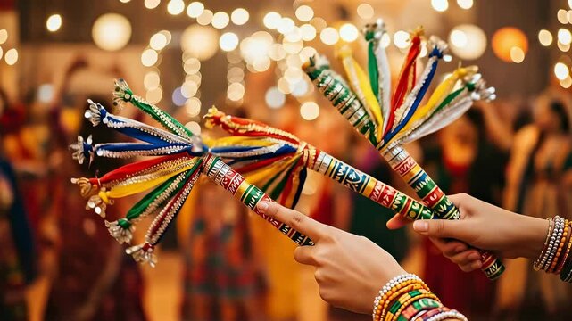 Close up view of people joyfully playing dandiya raas with colorful sticks during the vibrant navratri festival celebration