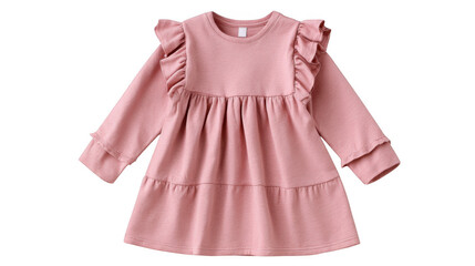 A pink long sleeved dress with ruffles and a tiered skirt isolated on a black background