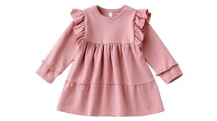 A pink long sleeved dress with ruffles and a tiered skirt isolated on a black background