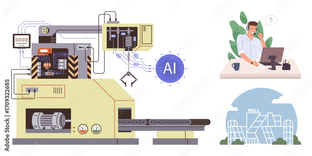 Poster advanced automated factory machine connected to ai module, person working remotely on a computer, an