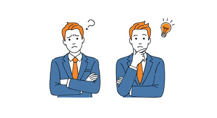 Confused businessman pondering problems then finding a brilliant idea and solution