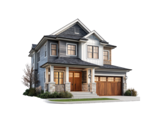 Elegant gray blue and white two story house with wood accents exterior, Isolated, Png Transparent Background