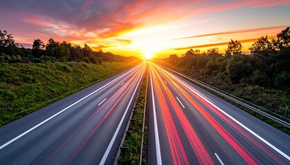 Naklejka premium A long highway stretches into a vibrant sunset with blurred light trails from passing vehicles, framed by green trees and vegetation