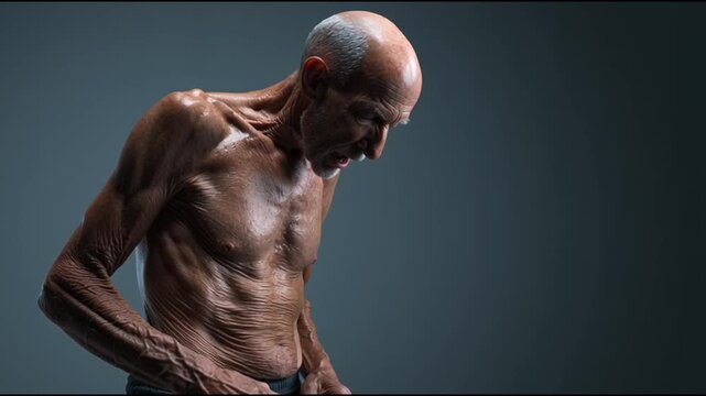 Sarcopenia. Muscle Loss. Aging Health. An elderly man with a thoughtful expression and detailed skin texture