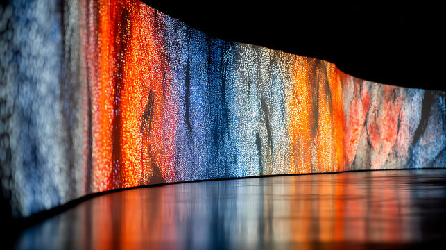 A vibrant digital wall display with flowing patterns of blue, orange, and red lights creates an abstract, immersive, and futuristic atmosphere.