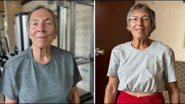 Sarcopenia. Muscle Loss. Aging Health. Two portraits of older adults smiling in a fitness setting and home.