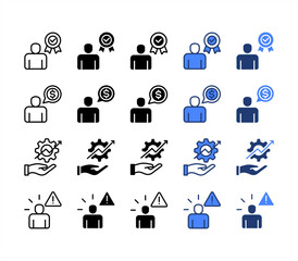 Credibility, Expectation, Efficiency, Attentiveness, multiple style icon set.