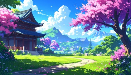 Enchanting japanese temple nestled among cherry blossoms and scenic mountains