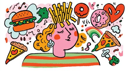 Whimsical cartoon of female surrounded by fast food and sweets